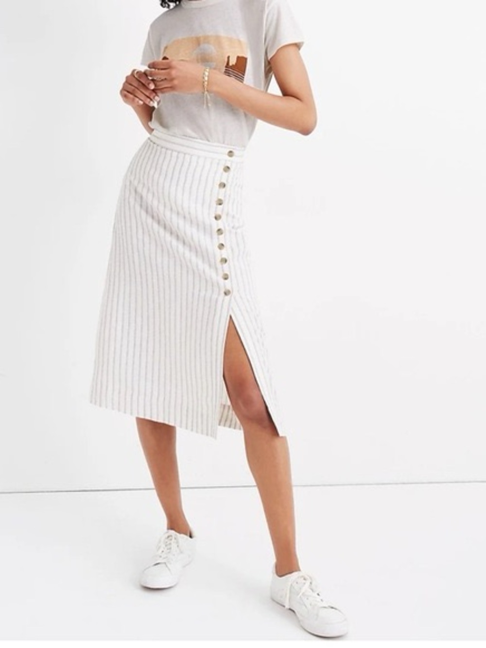 MADEWELL Striped Button-Front Linen‎ Skirt